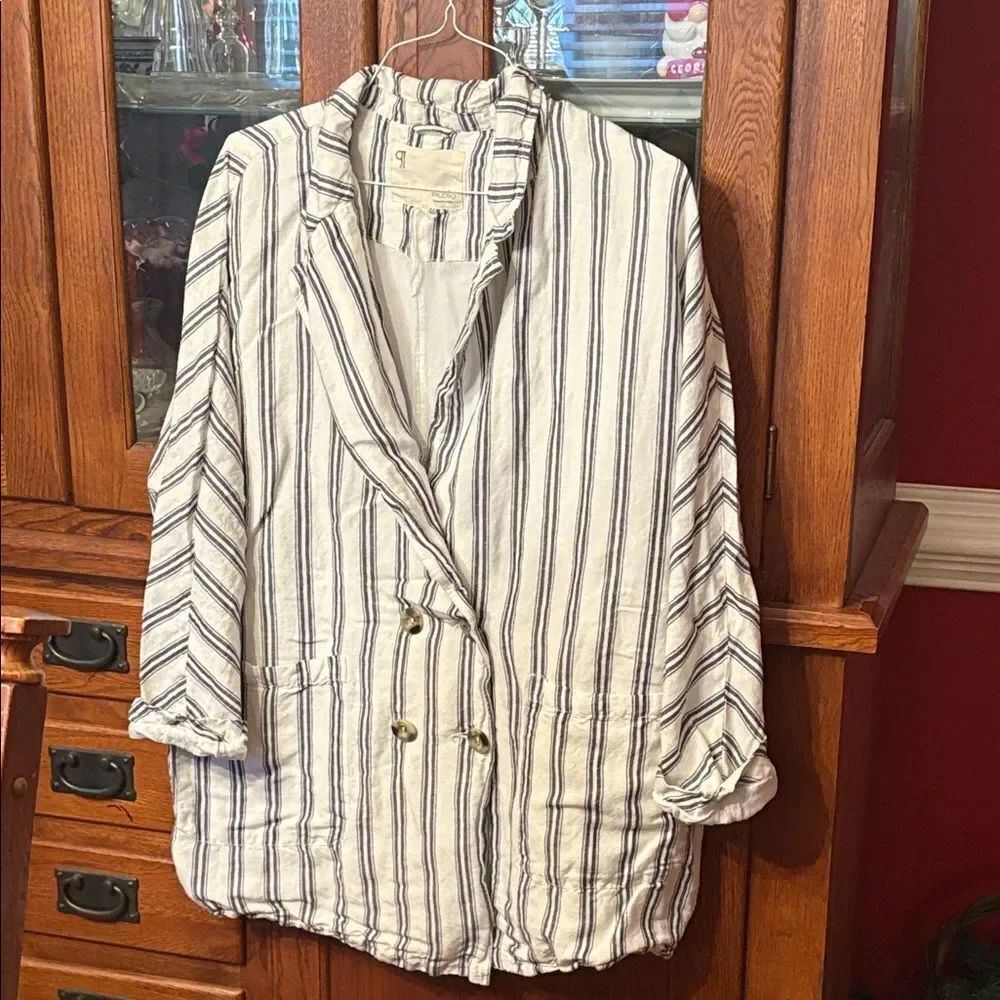 Pilcro double breasted jacket, blue, and white stripes size large, linen
